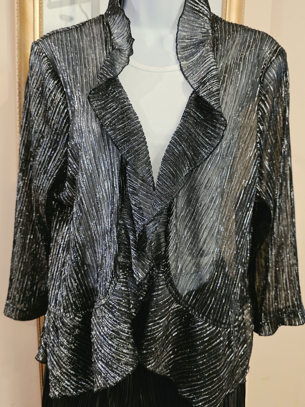 dressbarn Metallic Black Ruffle Open-Front Tunic